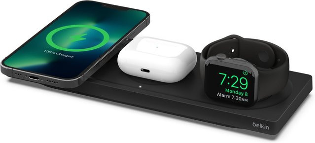 Belkin BoostCharge Pro 3-in-1 MagSafe Ladepad in Schwarz für iPhone 13, iPhone 12 und Apple Watch Series 7 sowie Series 6 - Bild 1