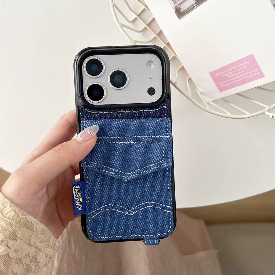 Stoßfeste Retro-Kartenhülle aus Denim-Blau mit Umhängeband für iPhone 17, 16, 15 und 14 Pro Max - Bild 3