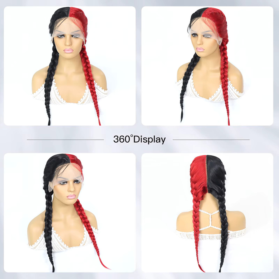 M&H HAIRWORLD Lace-Front-Perücke, Doppel-Dutch-Box-Zöpfe, Damen, halbrot-schwarz, 66 cm - Bild 2