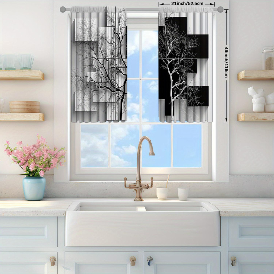 2er-Set halbtransparente Vorhänge mit Baumdruck in Schwarz-Weiß für dein Zuhause, B: 107 cm, H: 213 cm - Bild 3