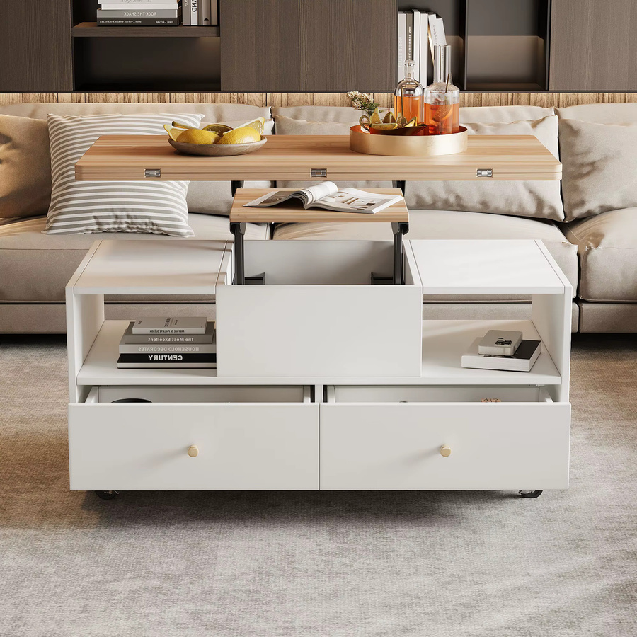 Okwish Couchtisch mit Klappfunktion, 4 Schubladen und Höhenverstellung in Weiß - Bild 2