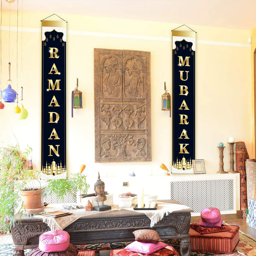 Huiran Eid Mubarak Türbanner Ramadan Dekoration in Schwarz, Orientalisches Textil-Hängedekor für Islamische Feste und Ramadan Kareem - Bild 3