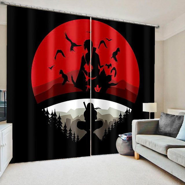 Japanische Fenstervorhänge Crimson Sunrise mit Kranich und Berglandschaft im traditionellen Tuschemalerei-Stil, 2er-Set, Mehrfarbig, B: 60 cm x H: 60 cm, halbtransparent aus Polyester mit Ösen - Bild 1