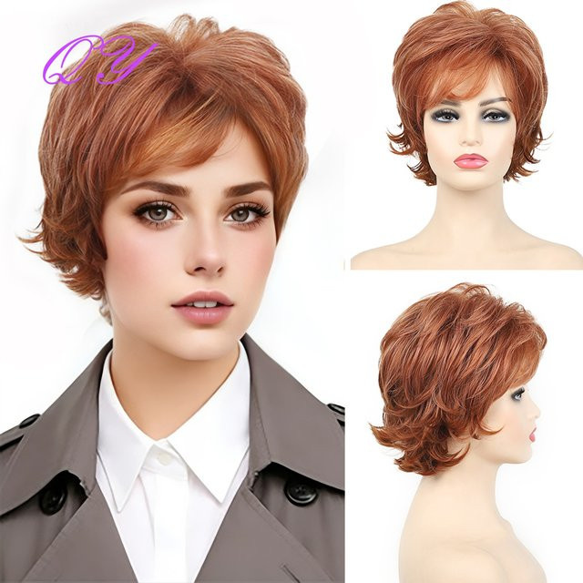 IQRYR WIG Synthetische Perücke für Damen, braun, gerade, Pixie-Schnitt mit Pony - Bild 1