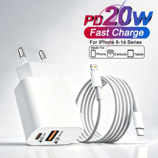20W USB Typ-C Schnellladegerät mit Datenkabel in Weiß für iPhone 14 13 12 11 Pro Max XS X XR 7 8 Plus Wandladegerät und Zubehör - Bild 1