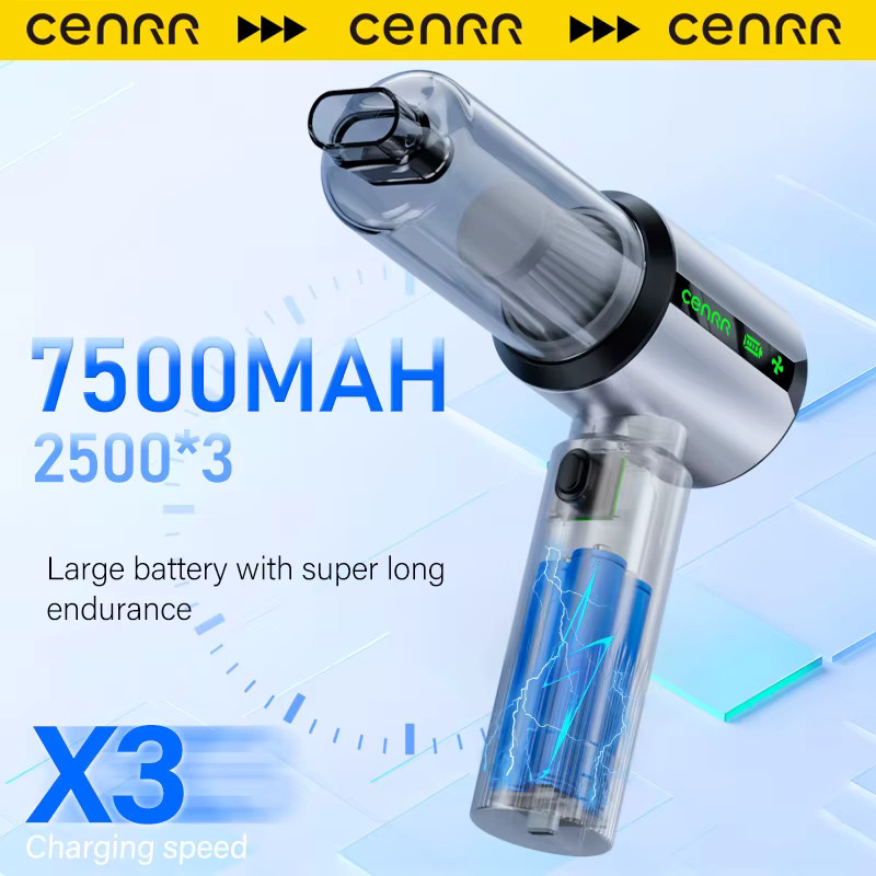 CENRR Kabelloser Mini Auto-Staubsauger mit LED-Leistungsanzeige und Gebläsefunktion, Schwarz, 7500 mAh - Bild 2