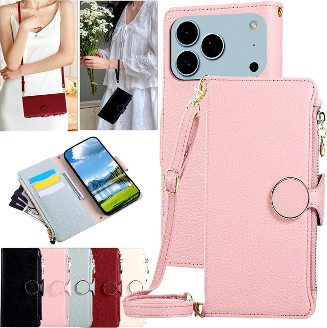Leder-Handyhülle mit Reißverschluss und Lanyard für Apple iPhone 17 Pro Max, 16 Pro Max, 15 Plus, 14, 13, 12 mit Kartenfächern und Ständer in Schwarz - Bild 1