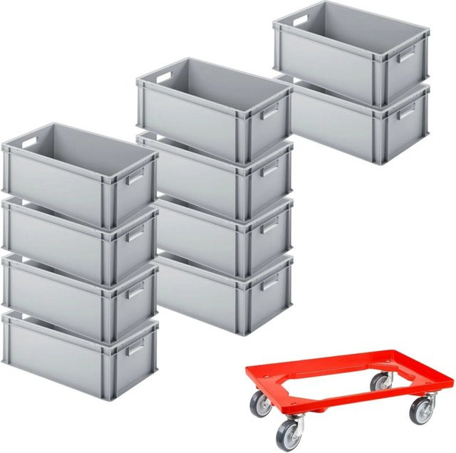 PROREGAL SparSet mit 10 Eurobehältern mit offenem Griff und 1 Transportroller, Rot, H x B x T: 22 x 40 x 60 cm - Bild 1