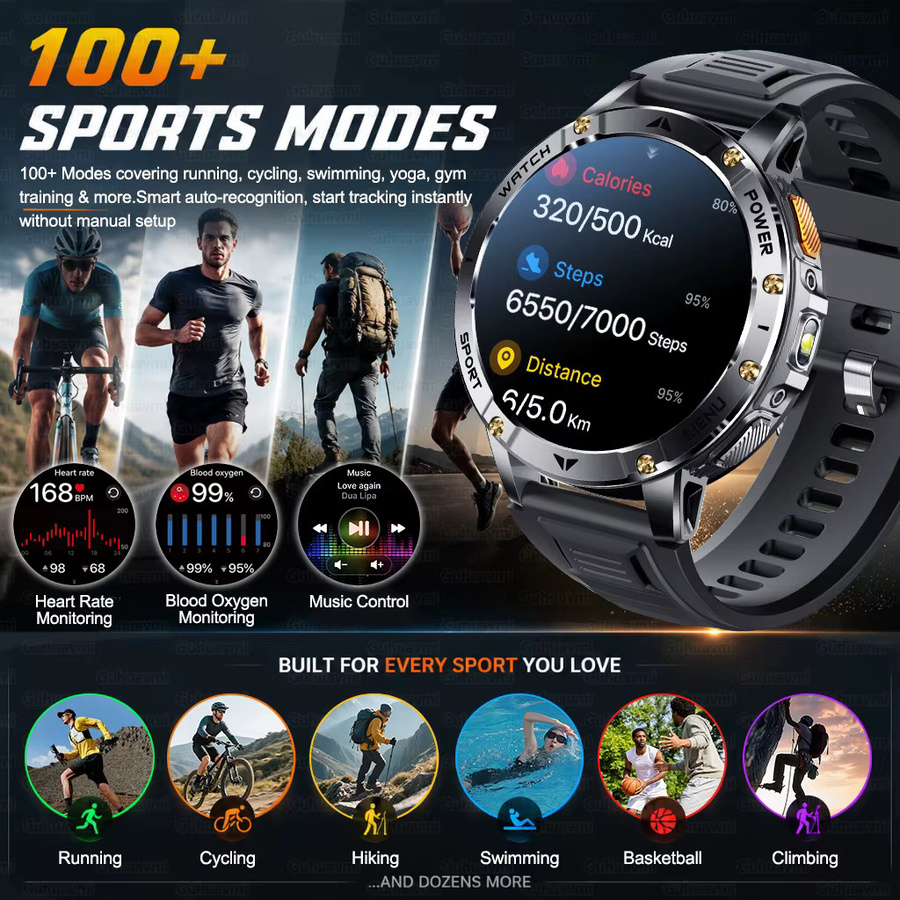 GUHUAVMI TANK Ultra Outdoor Smartwatch in Grau und Orange mit 1400 mAh Akku, wasserdichte taktische Militär-Armbanduhr für Herren mit LED-Taschenlampe - Bild 5