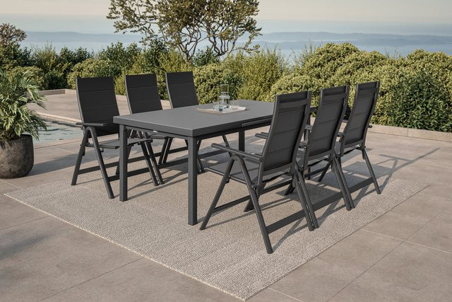 OUTFLEXX Premium Garten-Essgruppe für 6 Personen aus Aluminium und Sicherheitsglas in Anthrazit/Grau mit ausziehbarem Tisch und klappbaren Stühlen - Bild 1