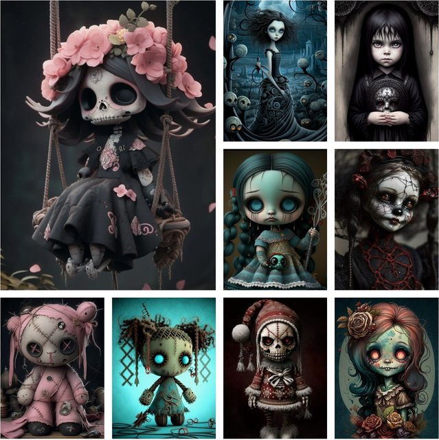 YUTTEE Diamantenmalerei Set Dark Gothic Automaton Puppe mit Skelett Cartoon Charakter als Kreuzstich Mosaik Illustration für Erwachsene - Bild 1