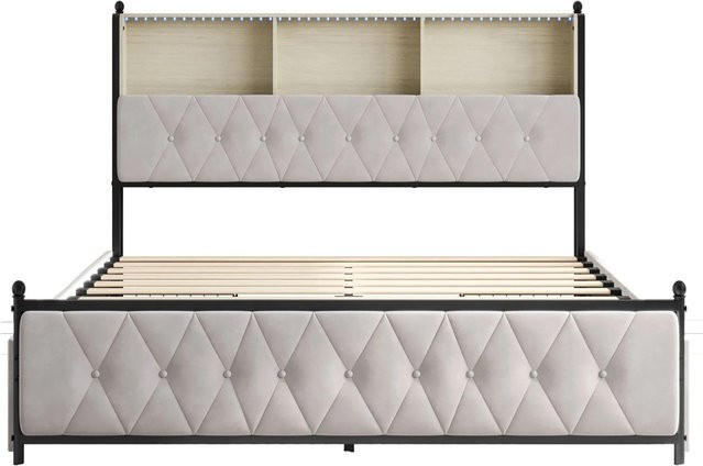 PXloue Doppelbett mit LED-Beleuchtung, Schubladen und USB-Ladestation aus Kunstleder in Beige, B/T/H: 160 x 200 x 115 cm - Bild 1