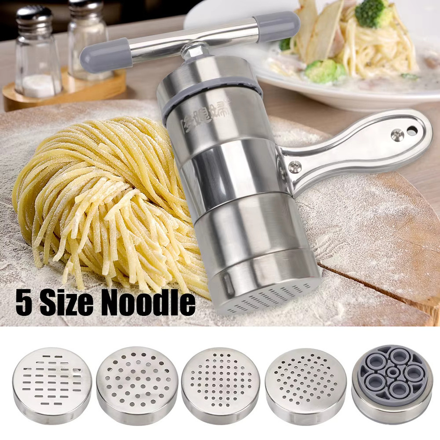 Manuelle Nudelmaschine aus Edelstahl in Silber mit 5 Pressformen zur Herstellung von Spaghetti und Obst-Entsafter-Presse - Bild 4