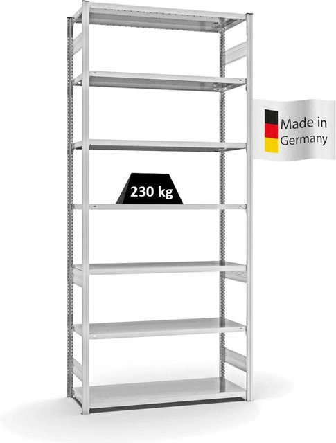 PROREGAL Fachbodenregal Stecksystem T-Profil Medium-Duty Grundregal in Lichtgrau, H x B x T: 300 x 130 x 50 cm, 7 Ebenen, Fachlast 230 kg, beidseitig nutzbar - Bild 1