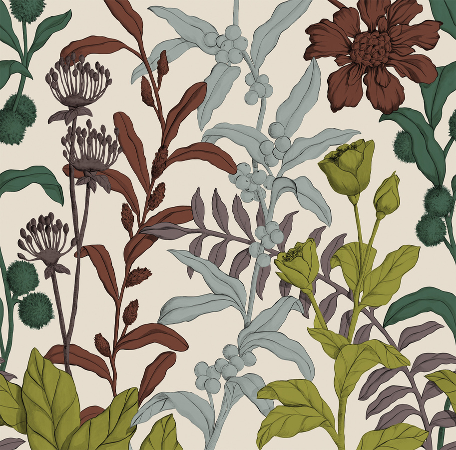 Nobilis Mural Petals and Berries Vinyl Tapete in Floral Design, Matt, Mehrfarbig (Grün, Grau, Beige) - Bild 1