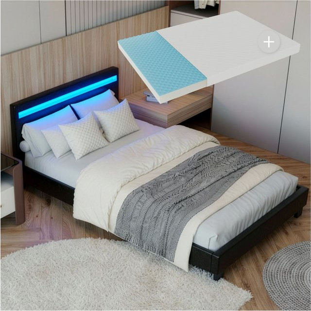 Juskys Polsterbett Paris Einzelbett mit Matratze, Lattenrost und LED-Beleuchtung, schwarz, B/T/H: 90 x 200 cm - Bild 1