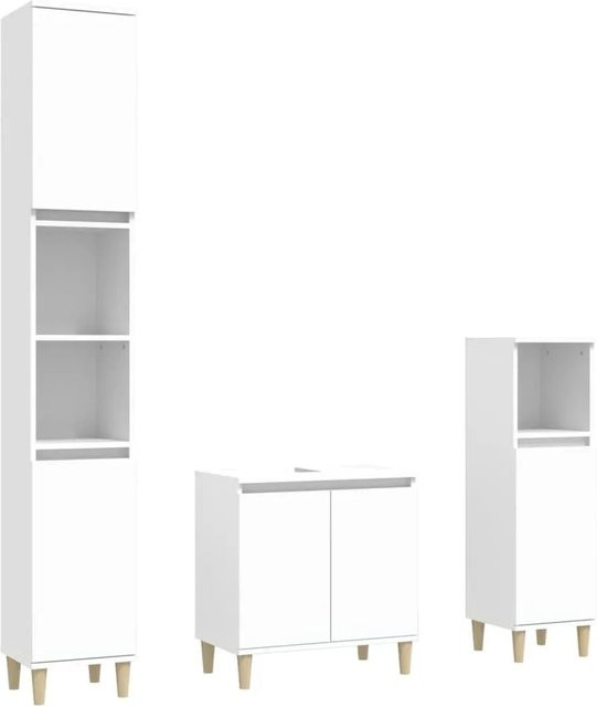 vidaXL 3-tlg. Badmöbel-Set Weiß aus Holzwerkstoff und Eukalyptus bestehend aus Waschbeckenunterschrank sowie zwei Standschränken - Bild 1