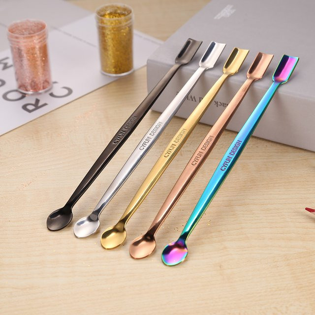 Bastellöffel aus Edelstahl mit zwei Löffelköpfen für Glitzer-Prägpulver und Pailletten, Griff: 17 cm - Bild 1
