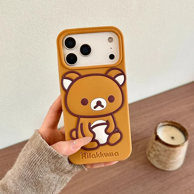 Rilakkuma Bär Handyhülle für Apple iPhone 17 16 15 14 13 Pro Max, 3D Stereoskopisches Design, Stoßfeste Weiche Silikonhülle, Braun - Bild 1