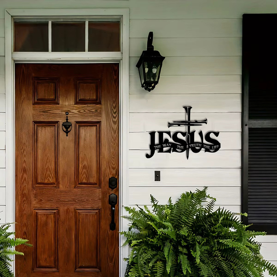DDPNKL Jesus-Wanddekoration aus Metall in Schwarz mit Kreuz, betenden Händen und Jesus-Schriftzug - Bild 4