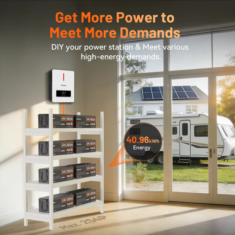 Humsienk LiFePO4 Batterie 24V 200Ah mit 250A BMS-System, 5120Wh wiederaufladbare Lithium-Batterie mit Niedertemperaturschutz, Schwarz - Bild 4