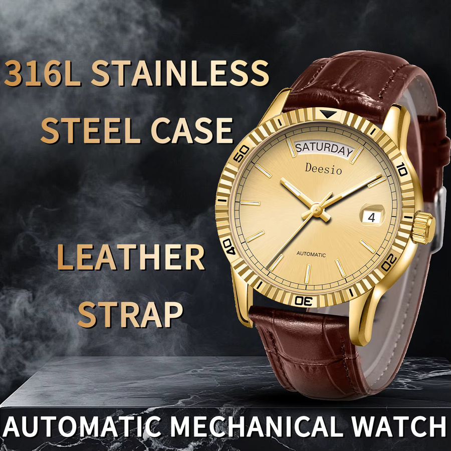 Deesio Armbanduhr Automatik, Edelstahl, Leder, Herren, Gold - Bild 2