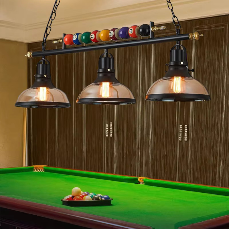 LINCCW Retro-Billard-Pendelleuchte LED mit 3 transparenten Glasschirmen in Schwarz, verstellbarer industrieller Kronleuchter für Esstisch und Bar - Bild 3
