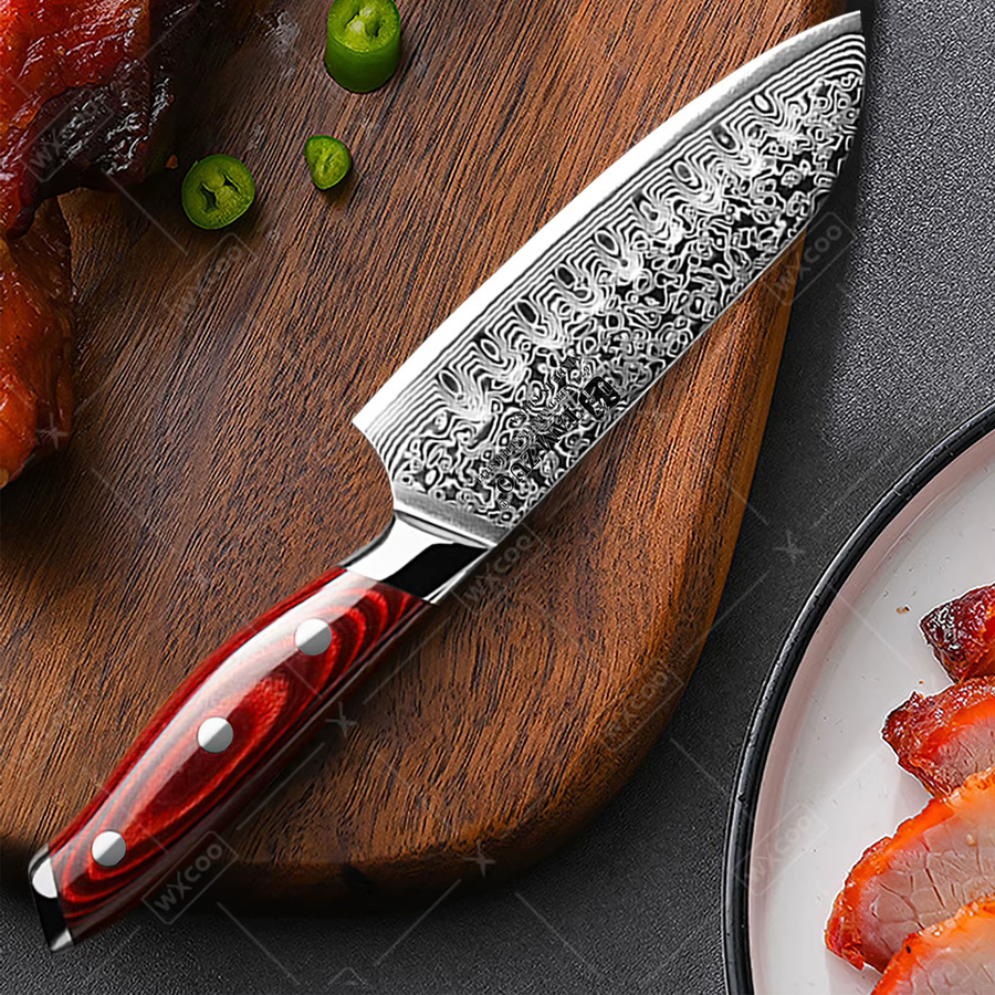 TAMZUO Santoku Messer aus handgeschmiedetem Damaststahl mit Holzgriff, 12,7 cm Allzweckmesser für Küche und Fleisch - Bild 5