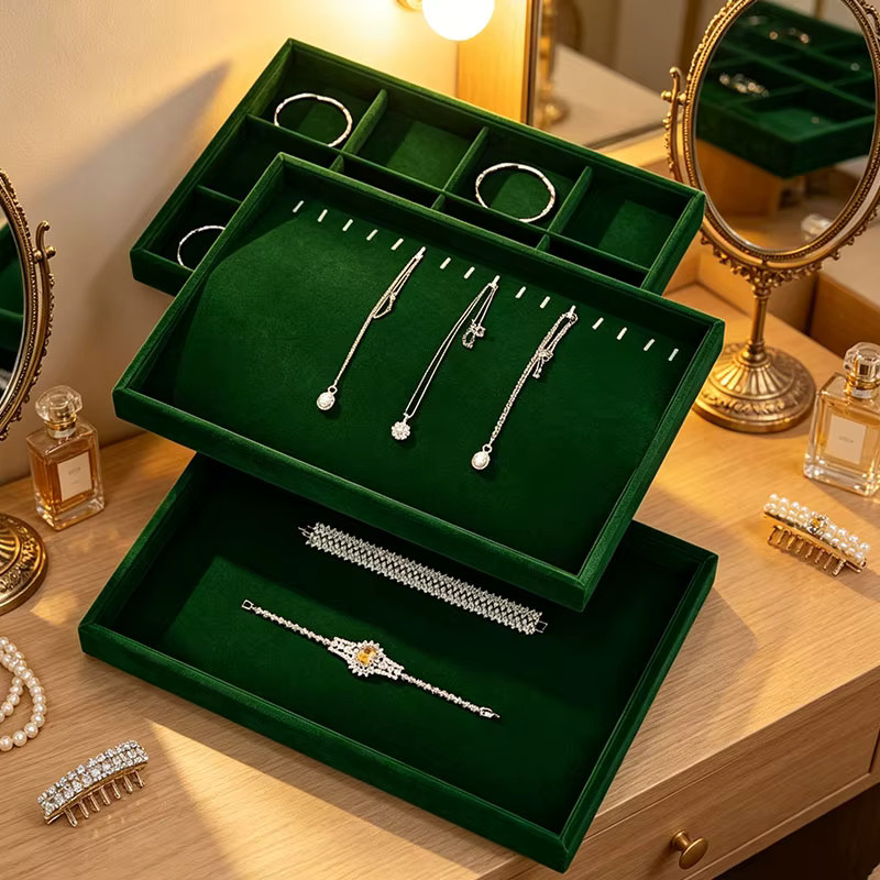 WoodTen Schmuck-Präsentationstablett aus Samt in Grün zur Aufbewahrung von Ringen, Ohrringen und Halsketten - Bild 3