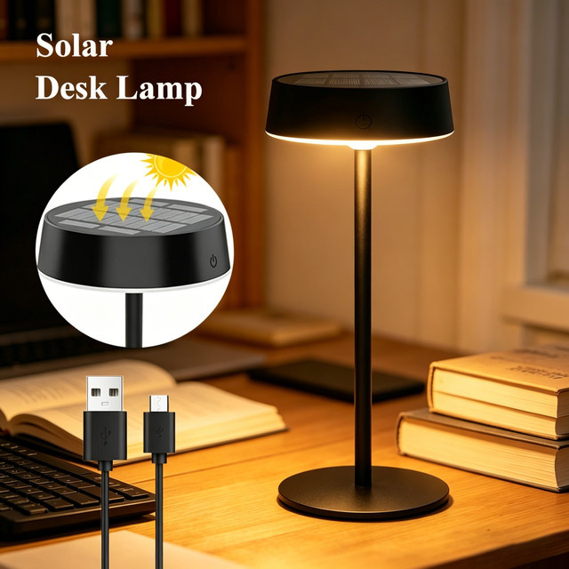 KFV LED Schreibtischlampe mit Solarfunktion und Touch-Steuerung, Schwarz, Wasserdichte Tischlampe mit 3 Farbtemperaturen für Schlafzimmer und Camping - Bild 1