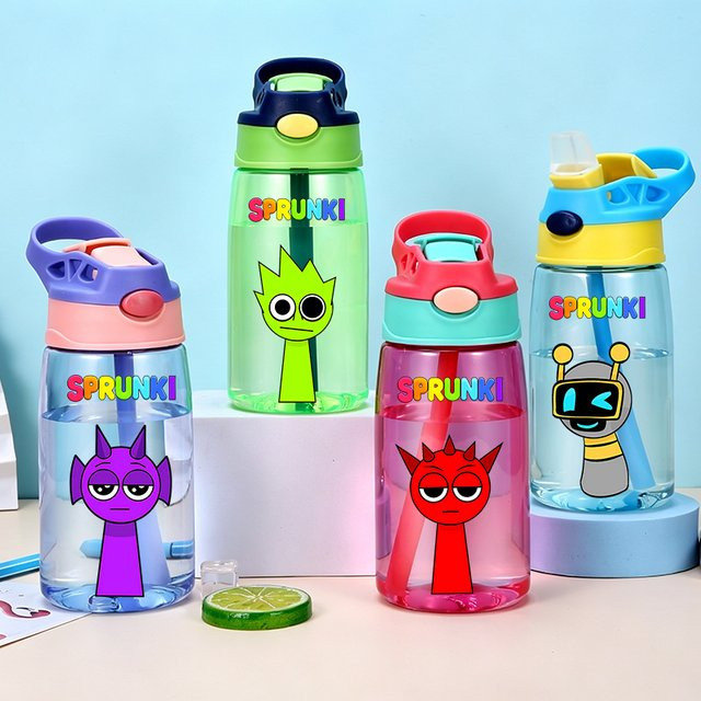 TAKARA TOMY Sprunki Trinkflasche mit Strohhalm aus Kunststoff, tragbarer Cartoon-Reisebecher für Damen und Herren, 480 ml - Bild 1
