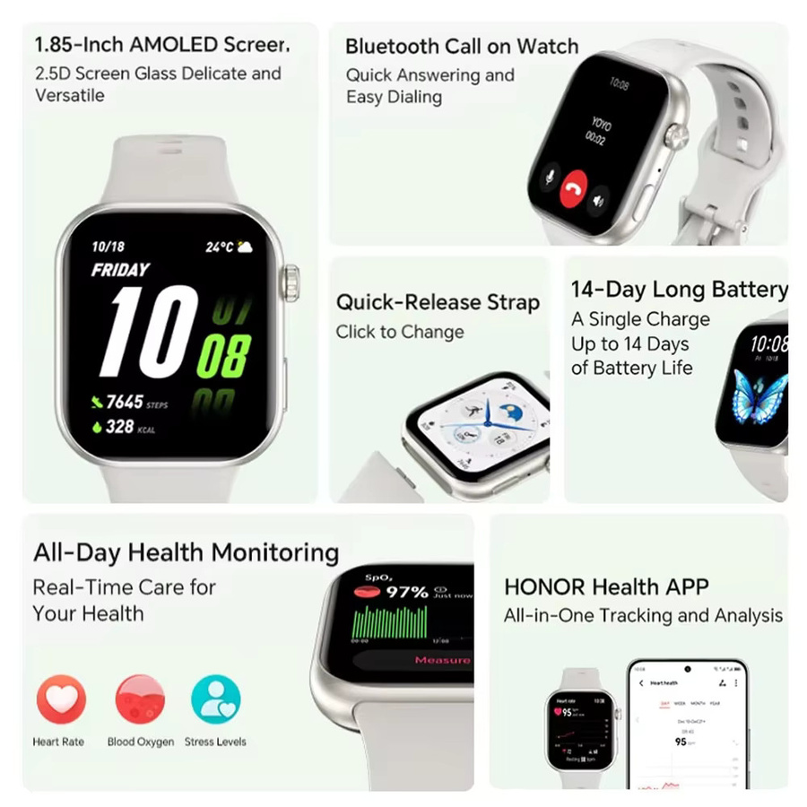 HONOR CHOICE InFoWear Watch 2i Smartwatch, Globale Version, 1,85 Zoll AMOLED-Bildschirm, Schwarz - Bild 1