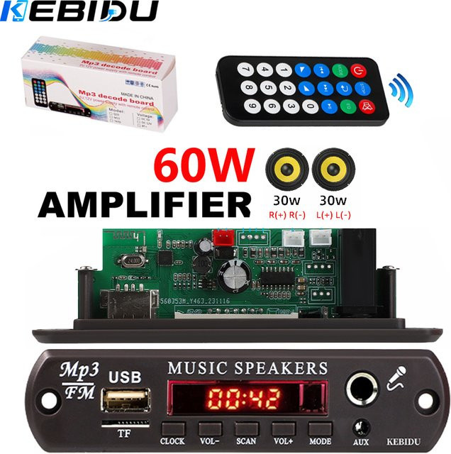 KEBIDU 60W Bluetooth 5.3 MP3 Decoder Board mit FM-Radio und Mikrofonanschluss in Schwarz - Bild 1