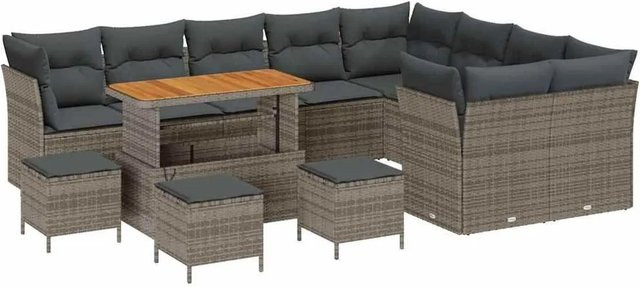 vidaXL Garten-Sofa-Set 13-tlg. in Grau mit Kissen und Aufbewahrungsfunktion aus Poly-Rattan und Akazienholz - Bild 1