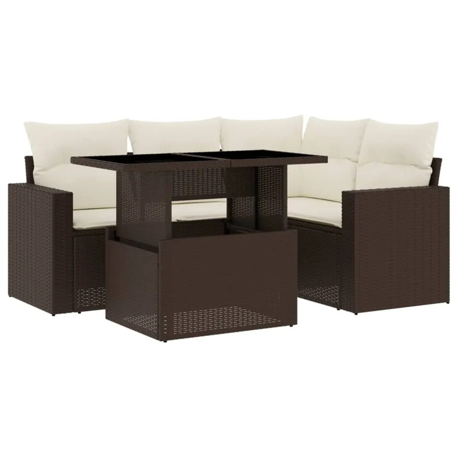 vidaXL 5-tlg Garten-Sofagarnitur in L-Form aus braunem Poly-Rattan mit wetterfesten Kissen und Metallrahmen - Bild 2