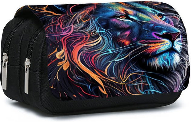 Fancy Style Studio Doppeltes Klapp-Federmäppchen mit buntem Löwenkopf in Schwarz und Multicolour - Bild 1