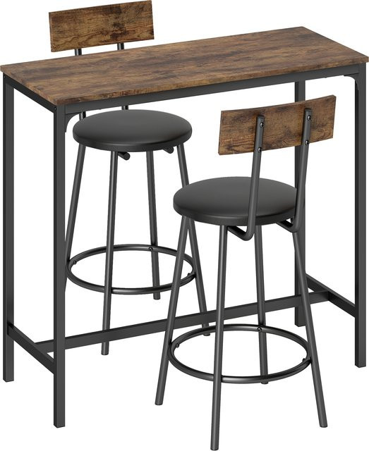 HOMCOM Bartisch mit 2 Hockern im Industrie-Look, Set aus Bartisch und gepolsterten Hockern mit Rückenlehne und Fußstütze, Farbe: Rustikbraun - Bild 1