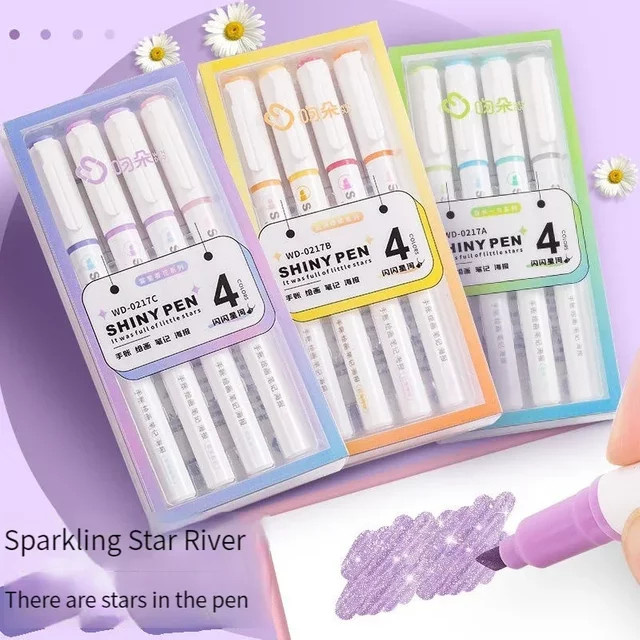 4er-Set Kawaii Glitzer-Textmarker in Mehrfarben für deine Notizen und dein Journaling - Bild 1