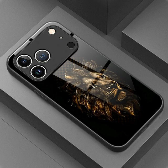 Schwarze Handyhülle aus gehärtetem Glas mit Löwenkopf-Muster für Apple iPhone Modelle - Bild 1
