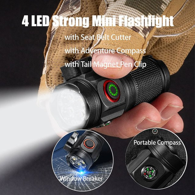 ESMARTER Mini Adventure LED Taschenlampe mit Kompass, 2000lm, Magnet, Clip und Gürtelschneider in Schwarz - Bild 1