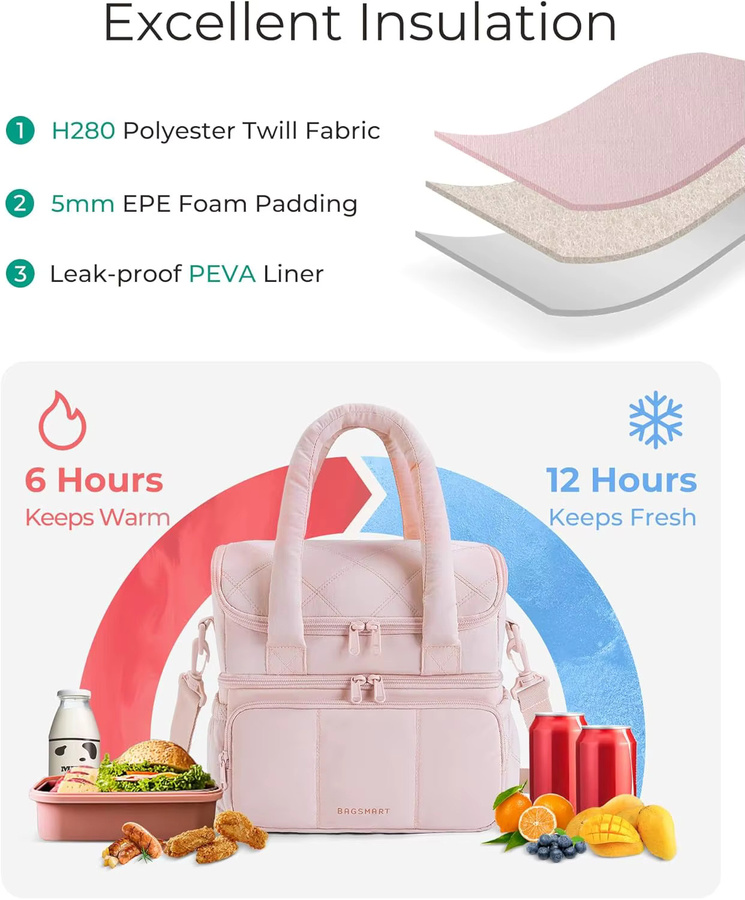 BAGSMART Lunchtasche für Damen, doppelstöckige isolierte Lunchbox, gesteppte Puffer-Tasche, auslaufsicher, pink, B/T/H: 25,4 x 17,78 cm - Bild 2