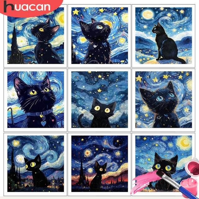 HUACAN Malen nach Zahlen, Katze, Tier, Sternenhimmel, Landschaft, Fantasy - Bild 1