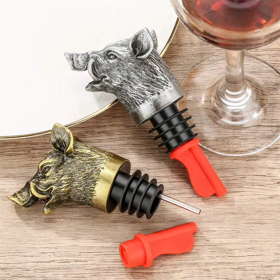LKKCHER 2-in-1 Weinausgießer und Flaschenverschluss Wildschwein Kopf aus Metall in Bronze, Grau und Schwarz - Bild 2