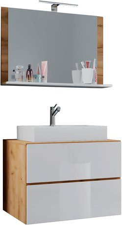 VCM Badmöbel Set Lendas 3-teilig in Weiß und Eiche mit Unterschrank, Waschbecken und Spiegel, B/H/T: 80 x 55 x 52 cm - Bild 1