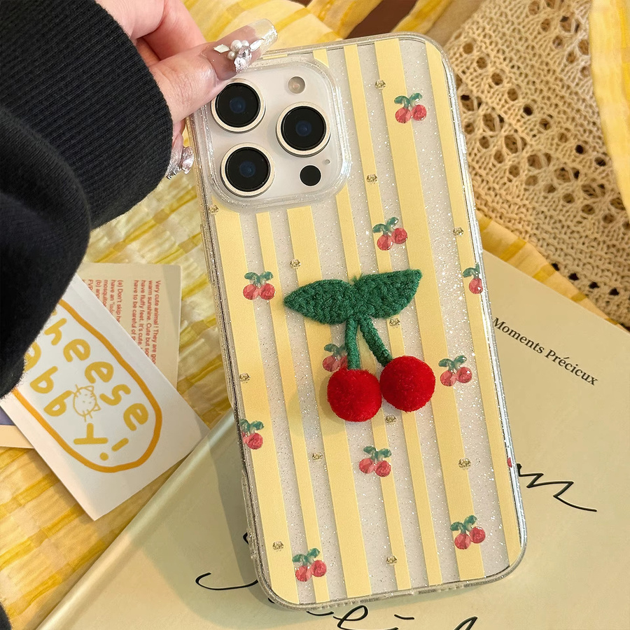 MUQGEW Handyhülle mit Umhängeband für iPhone 16 15 14 13 12 11 Pro Max, Koreanisches Design mit gestreiften Glitzer-3D-Kirschen, stoßfeste Schutzhülle - Bild 6