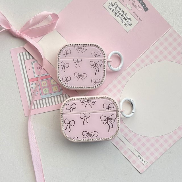 Apple AirPods Hülle Süße Mädchen-Serie mit Strass-Dekoration und rosa Schleife, magnetisch mit Haken, kompatibel mit AirPods 1, 2, 3, 4 und Pro 1, 2, 3, Farbe: Pink - Bild 1