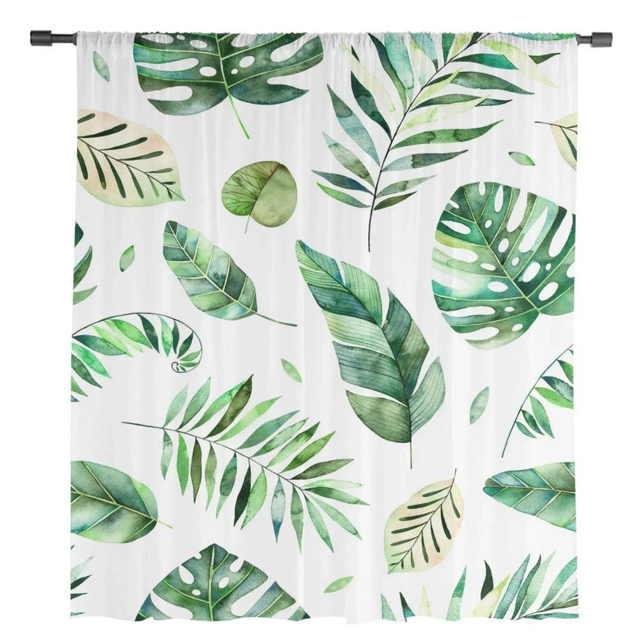 Yiran Furniture Transparentes Voile-Organza-Fenstervorhang mit Tropischen Blättern und Palmen, Weiß, B: 135 cm, H: 115 cm - Bild 2