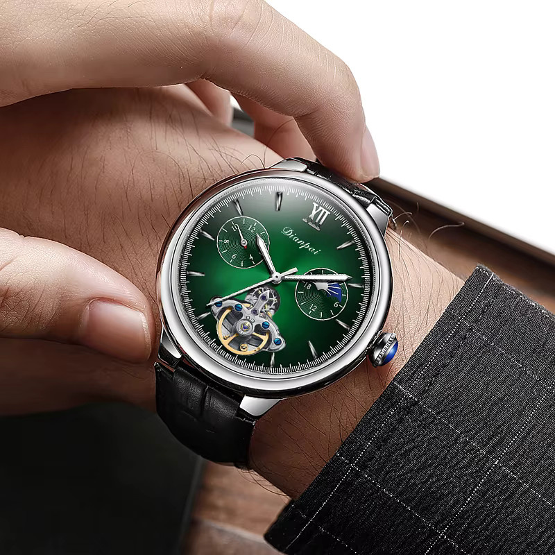 Dianpai Armbanduhr Automatik, Edelstahl, Leder, Herren, Grün - Bild 3