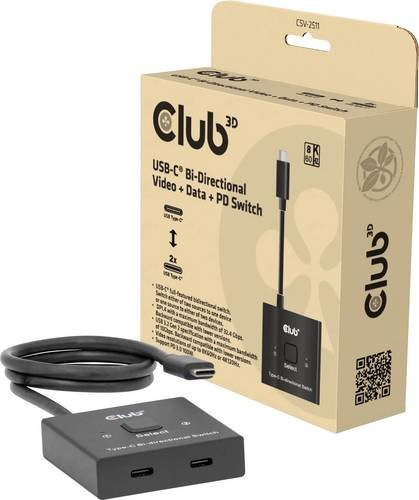 Club3D CSV-2511 USB-C Bi-Direktionaler Umschalter für Video, Daten und Power Delivery, 8K 60 Hz, Schwarz - Bild 1
