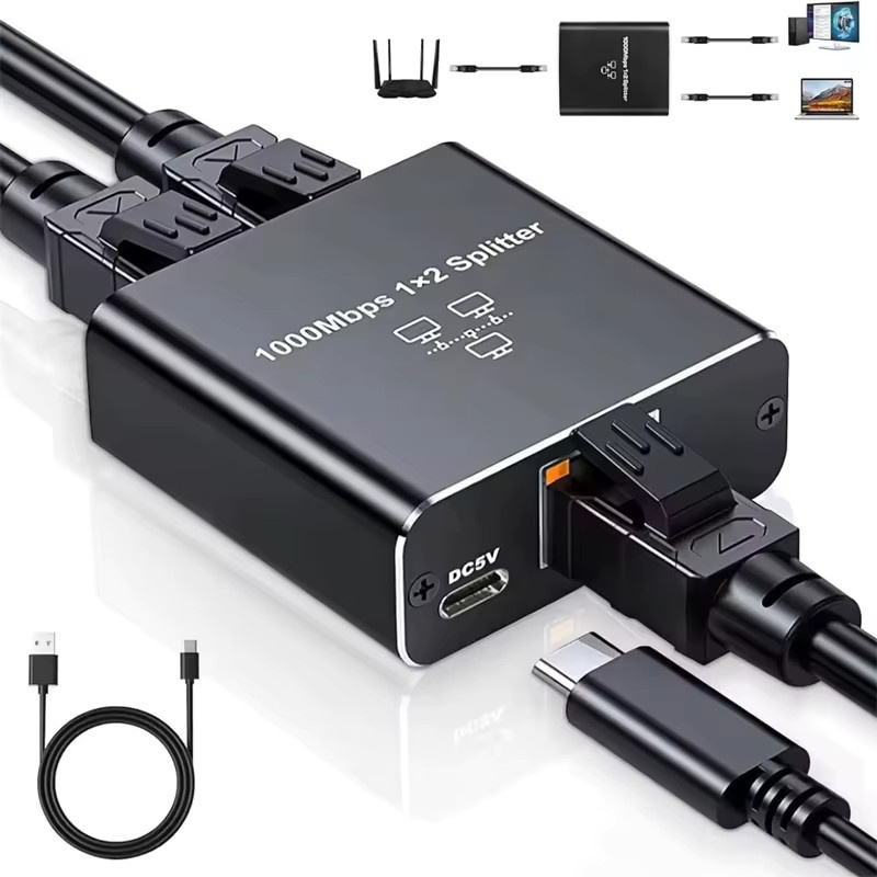 OUIO Gigabit 1000Mbps Netzwerk Splitter 1 auf 2 Ethernet Adapter RJ45 LAN Koppler in Schwarz - Bild 2